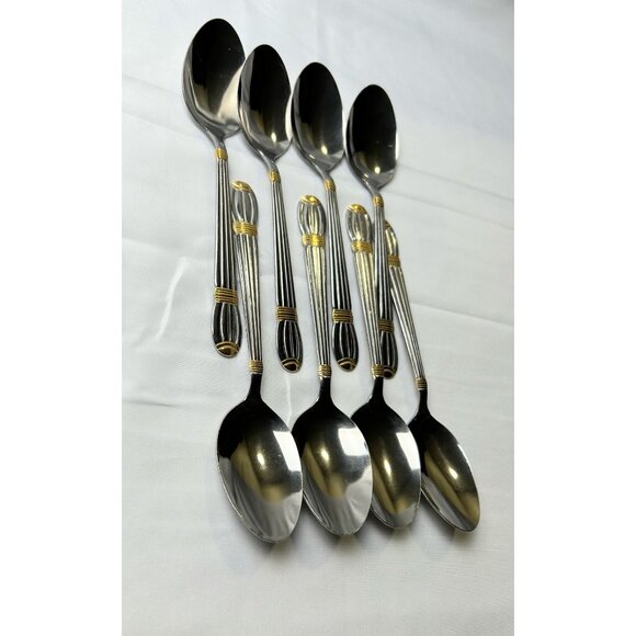 Stainless Steel Soup Spoons Ribbed Handle Silver W/Gold Accent Set of 8 Modern - Picture 7 of 8